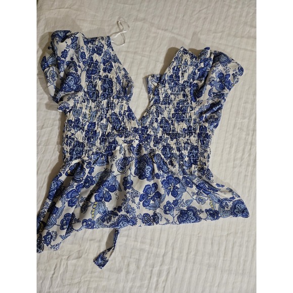 Sienna Sky Blue Floral Tie Blouse, Womens L Open Back V Neck Free Shipping - Picture 8 of 8